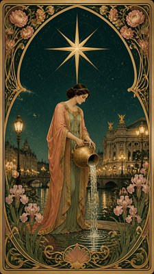 a robed figure pouring water beneath a large eight-pointed star in a night sky, symmetrical composition with an ornate decorative border, no text