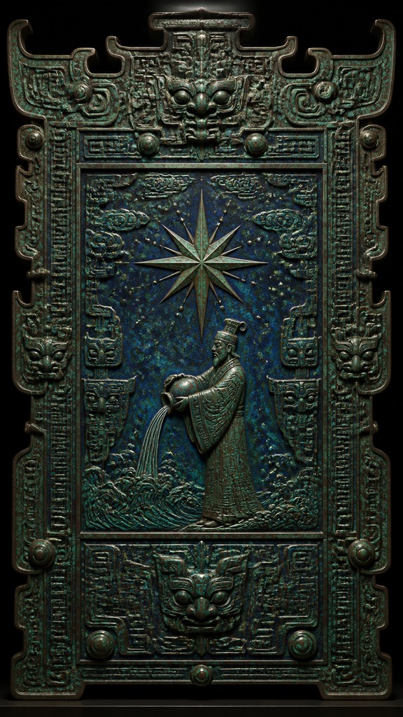 a robed figure pouring water beneath a large eight-pointed star in a night sky, symmetrical composition with an ornate decorative border, no text