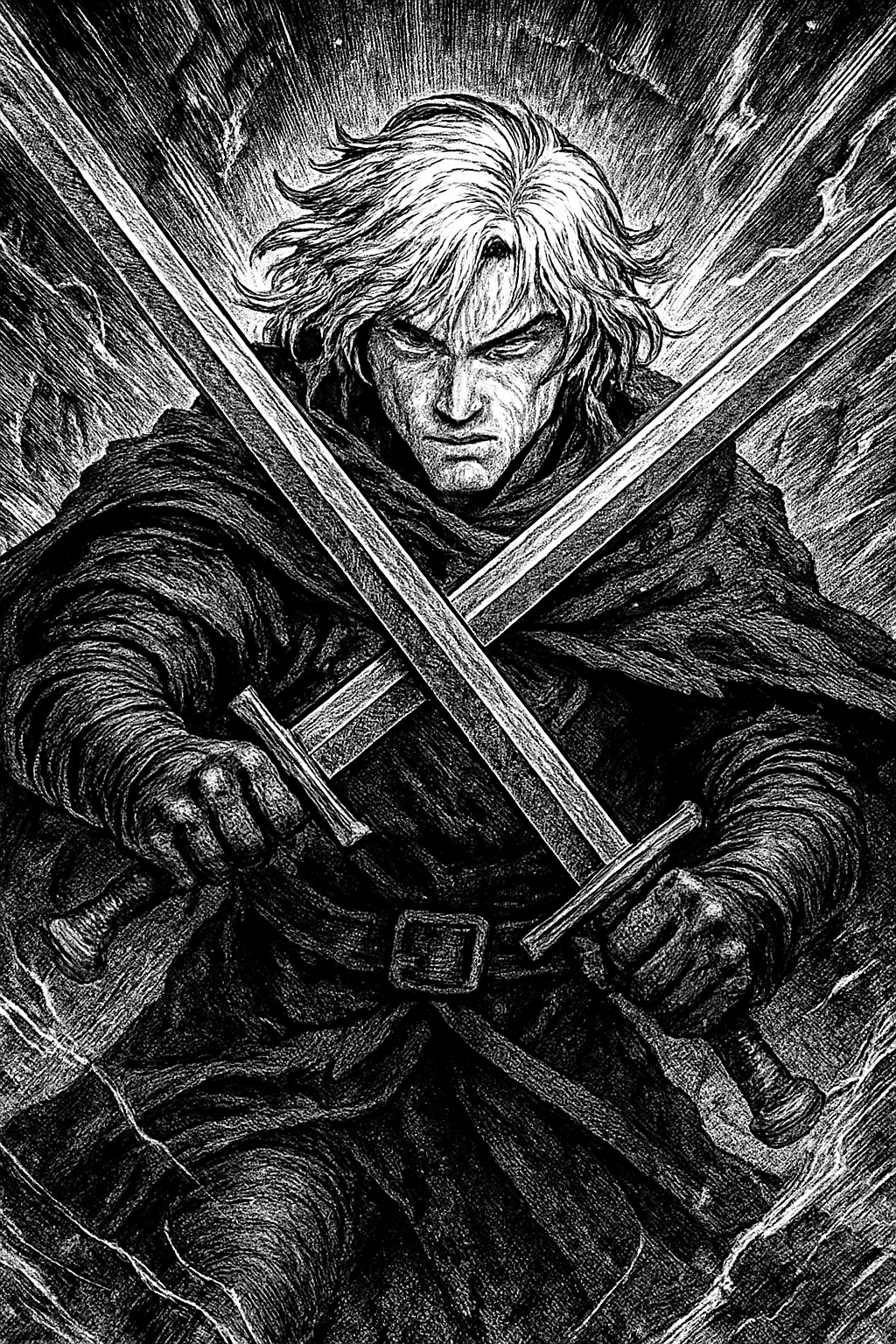 a painting of a man holding two swords