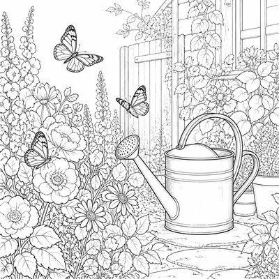 a garden scene with butterflies, flowers and a watering can, clean uncolored line art, no text