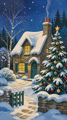 a snow-covered cottage with warm glowing windows beside a decorated pine tree, gentle snowfall, no text