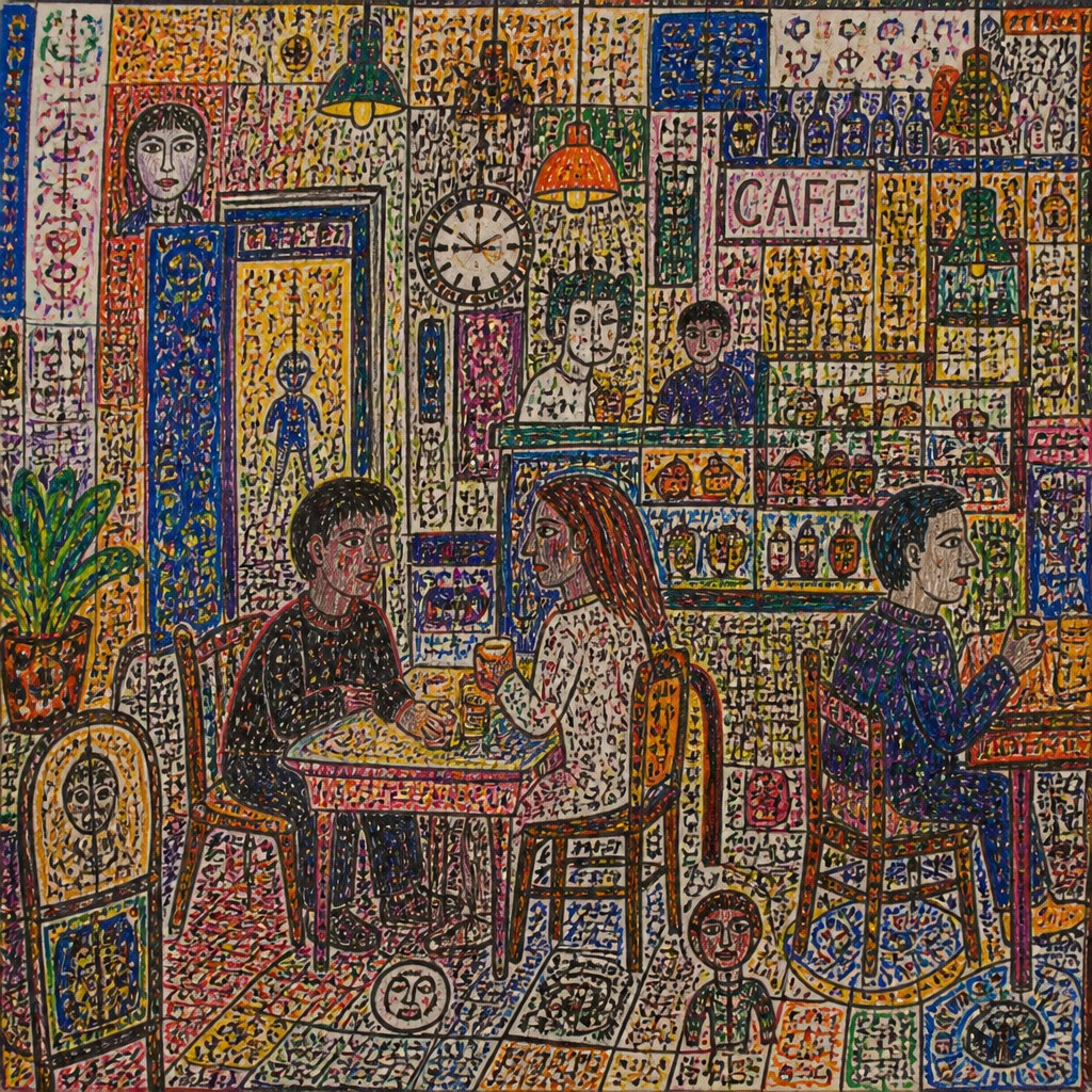 cozy cafe interior with warm lighting