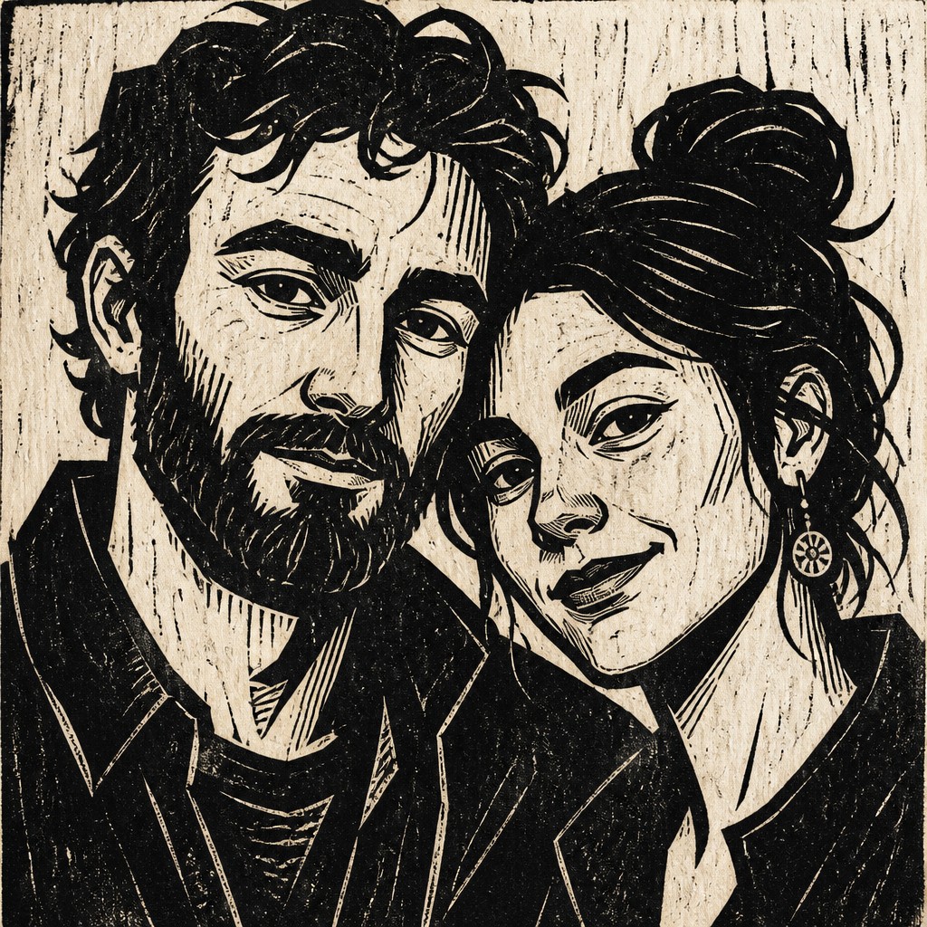 portrait of two people together — Woodcut Print Style