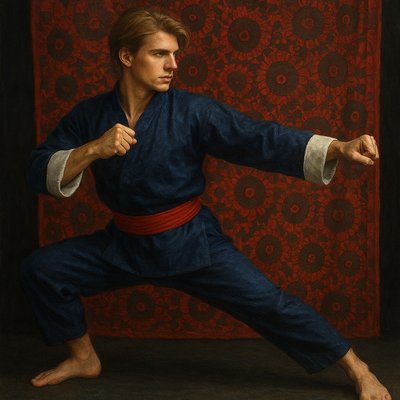 a painting of a man in a karate stance