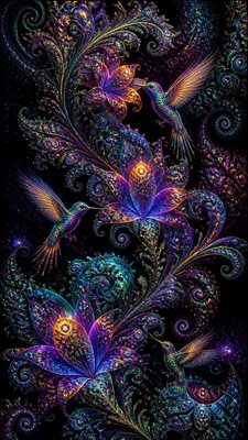 a climbing vine of flowers and hummingbirds on a dark background, tall wrapping composition, no text