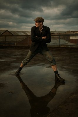 a man standing in a puddle with his arms crossed