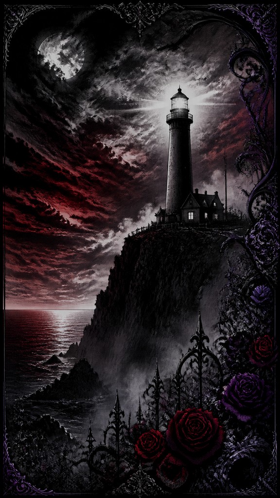 a lone lighthouse on a cliff at dusk under a dramatic sky, no text or lettering