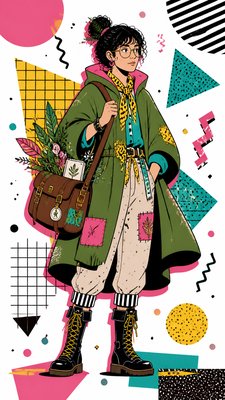 full-body original character: a wandering botanist with a satchel of plants, a patched green cloak, tall boots and round glasses, neutral background