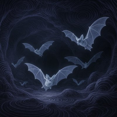 A group of ghost bats, with large translucent wings, in a giant cave in Queensland, Australia. Photo-realistic, professional nature photography, extreme detail