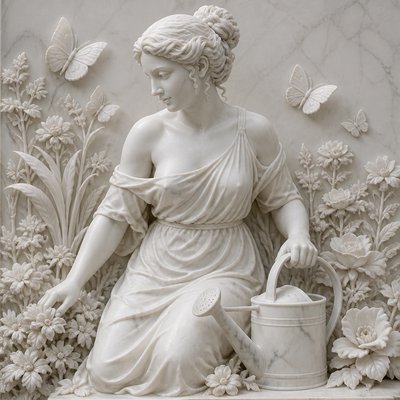a garden scene with butterflies, flowers and a watering can, clean uncolored line art, no text
