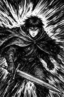 a black and white drawing of a man with a sword