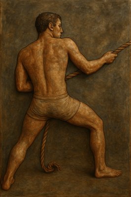 a painting of a man holding a rope