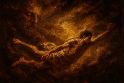 a painting of a man floating in the air