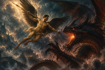 a painting of a man on a dragon