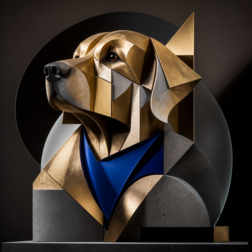 portrait of a golden retriever wearing a blue bandana, warm plain backdrop, no text