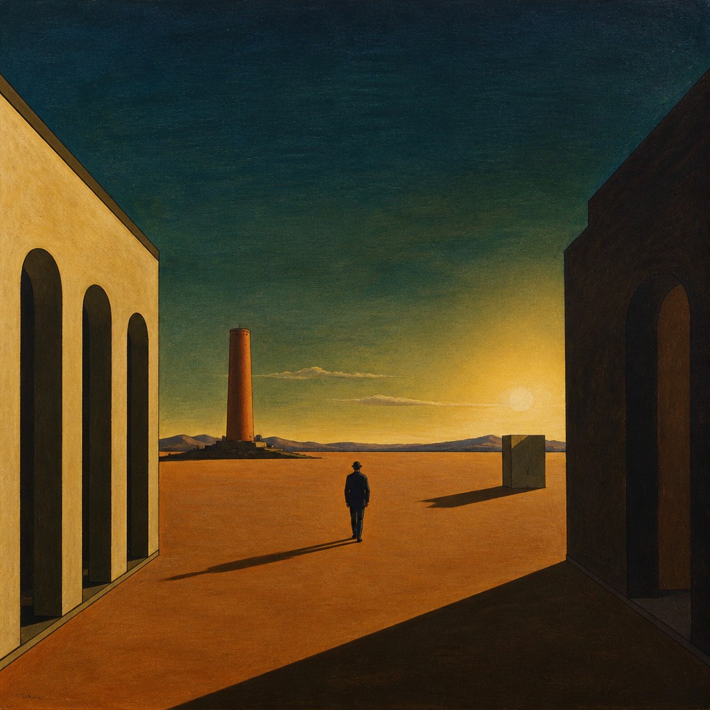 a solitary figure walking toward a glowing horizon across an empty plain, moody atmosphere, no text or lettering