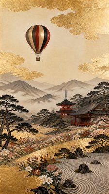 a hot air balloon drifting over rolling flower fields on a sunny day, cheerful, no text