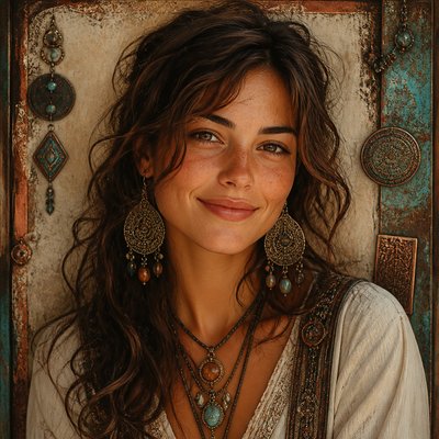 head-and-shoulders portrait of an original character: a young woman with wavy chestnut hair and a warm smile, plain soft backdrop