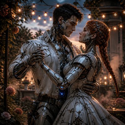 an original couple dancing under string lights in a garden at dusk: a man with short black hair in a linen shirt and a woman with braided red hair in a summer dress