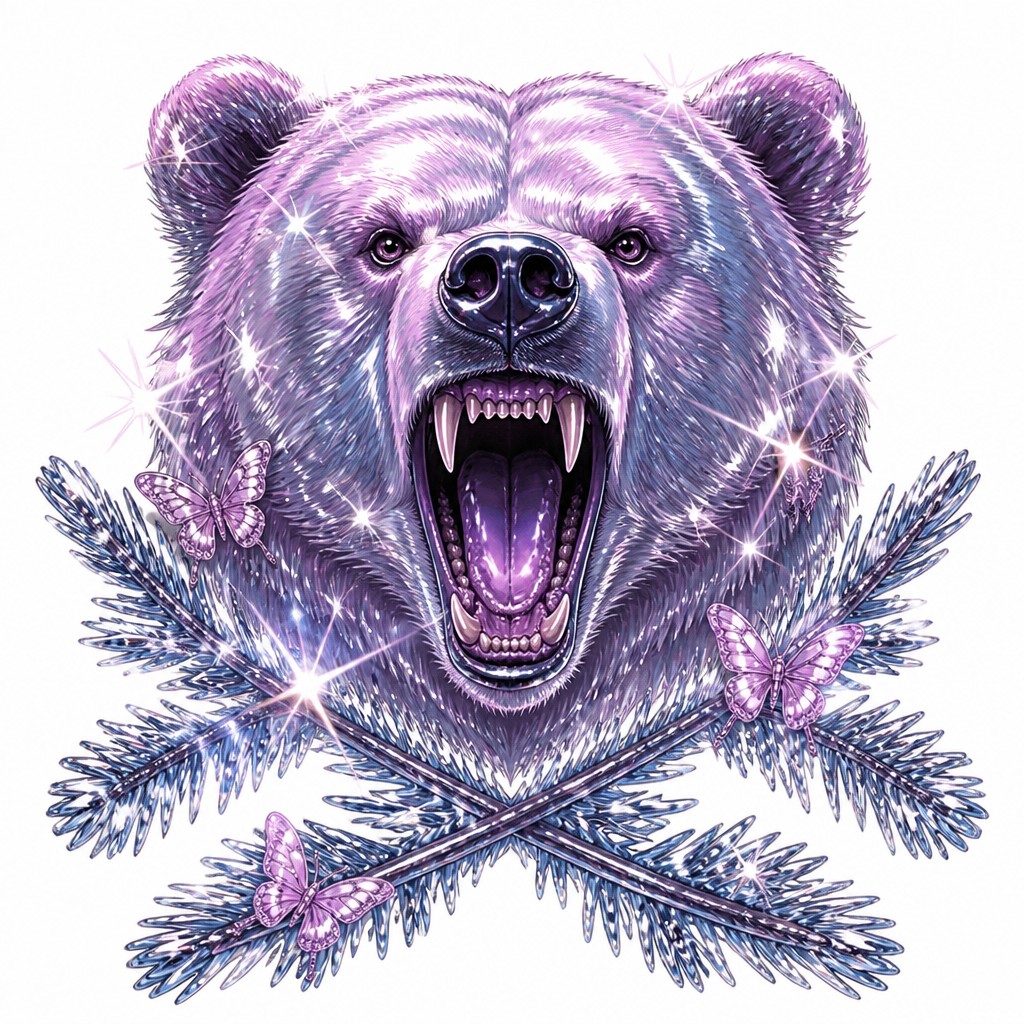 a roaring bear head above crossed pine branches, bold graphic composition on a plain background, no text
