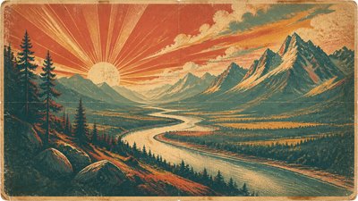 a vast valley with a river winding toward distant mountains at sunrise, no people, no text