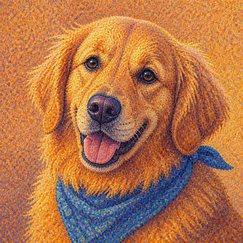 portrait of a golden retriever wearing a blue bandana, warm plain backdrop, no text
