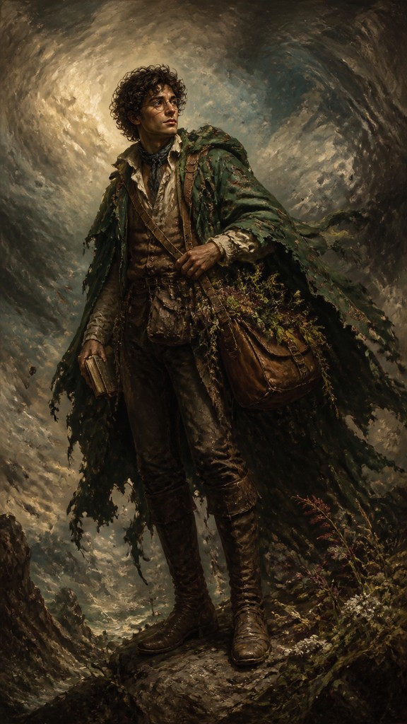 full-body original character: a wandering botanist with a satchel of plants, a patched green cloak, tall boots and round glasses, neutral background