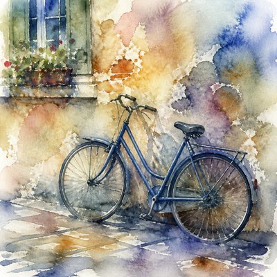 bicyle resting against a wall — Wet-on-Wet Watercolor Style