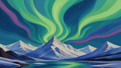 a flowing aurora over snowy peaks, wide sweeping composition, no people, no text