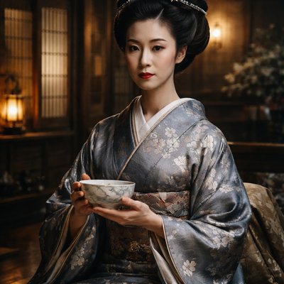 Cinematic Film Style, Traditional Japanese Ukiyo-e Influence, a regal and incredibly poised portrait of the geisha Mameha (inspired by Michelle Yeoh). She is seated in a refined, dimly lit wooden teahouse, her posture perfectly upright and elegant. She wears a heavy silk kimono in peaceful, sophisticated colors like slate blue and silver, with delicate hand-painted motifs of plum blossoms. Her face is a "mask" of white traditional makeup, featuring sharp red lips and wise, observant eyes that convey deep intelligence. She is in the middle of a ritual, perhaps holding a delicate porcelain tea bowl with perfectly choreographed hands. The lighting is soft and atmospheric, catching the shimmer of her silk and the intricate details of her high, lacquered hairstyle adorned with a single, understated silver hairpin. Focus on the feeling of quiet power, impeccable grace, and the stillness of a master artist.