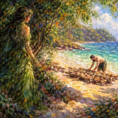 From a little distance, An island goddess spirit robed in green leaves covertly 
observes a castaway man building a raft to escape the island
