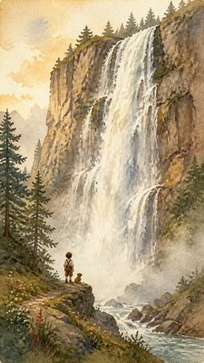 towering waterfall cascading down a cliff