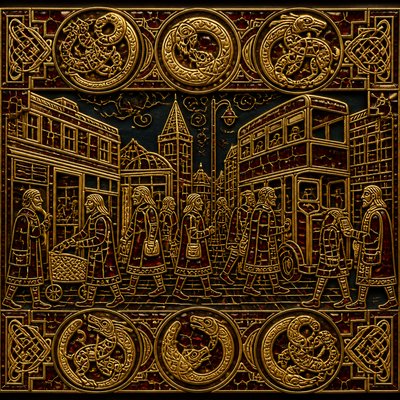 urban street with city activity — Anglo-Saxon Metalwork Art Style