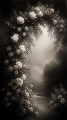 an arch of white roses and eucalyptus in soft morning light, elegant vertical composition with open space, no text