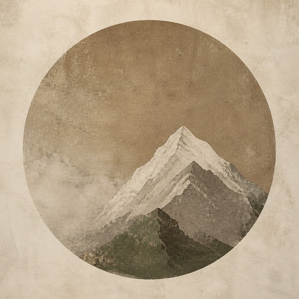 an emblem of a mountain peak inside a circle, simple bold shapes on a plain background, no text or lettering