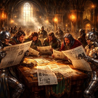 A grand medieval hall in King Arthur's Camelot transformed by modern invention: armored knights in shining full-plate mail and nobles in velvet robes gathered around a large wooden table, intently reading freshly printed newspapers with bold 19th-century headlines like 'Merlin's Latest Blunder Exposed!' and 'Eclipse Prediction: Yankee Wizard Triumphs Again', ink still glistening on the broadsheets, one knight holding the paper upside down in confusion while another points excitedly at an advertisement for bicycles, flickering torchlight and early electric bulbs casting warm dramatic glows on faces and paper, rich textures on crinkled newsprint, polished armor reflections, ornate tapestries and stone arches in background with subtle printing press visible through an open door belching faint steam, vibrant colors with deep crimson reds, golden yellows, and inky blacks, god rays streaming through high arched windows at golden hour, hyper-detailed photorealistic fantasy style, epic cinematic composition capturing satirical anachronism and wonder,


