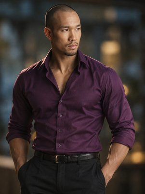 a man wearing a purple shirt and black pants