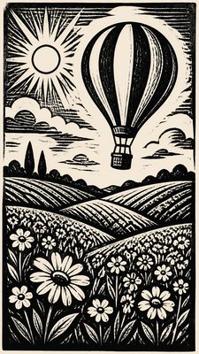 a hot air balloon drifting over rolling flower fields on a sunny day, cheerful, no text