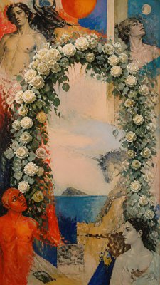 an arch of white roses and eucalyptus in soft morning light, elegant vertical composition with open space, no text