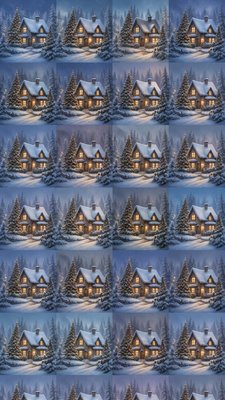 a snow-covered cottage with warm glowing windows beside a decorated pine tree, gentle snowfall, no text