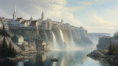 a cliffside city with waterfalls cascading into a misty canyon, wide establishing shot, no people, no text
