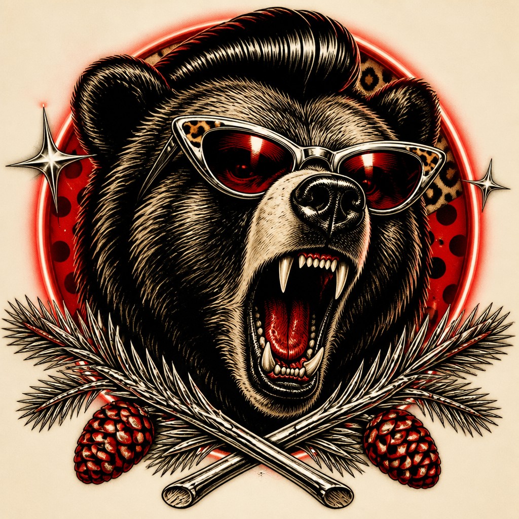 a roaring bear head above crossed pine branches, bold graphic composition on a plain background, no text