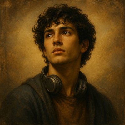 head-and-shoulders portrait of an original character: a young man with curly dark hair and headphones around his neck, plain backdrop, no text
