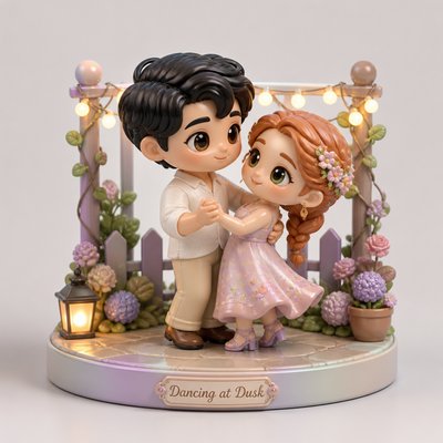 an original couple dancing under string lights in a garden at dusk: a man with short black hair in a linen shirt and a woman with braided red hair in a summer dress