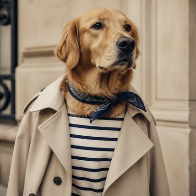 portrait of a golden retriever wearing a blue bandana, warm plain backdrop, no text