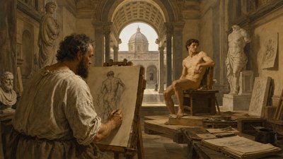 Michelangelo drawing a model posing in his studio