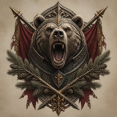 a roaring bear head above crossed pine branches, bold graphic composition on a plain background, no text