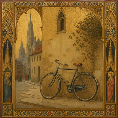 bicyle resting against a wall