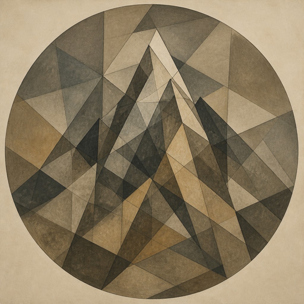 an emblem of a mountain peak inside a circle, simple bold shapes on a plain background, no text or lettering