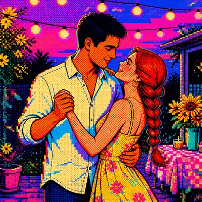 an original couple dancing under string lights in a garden at dusk: a man with short black hair in a linen shirt and a woman with braided red hair in a summer dress